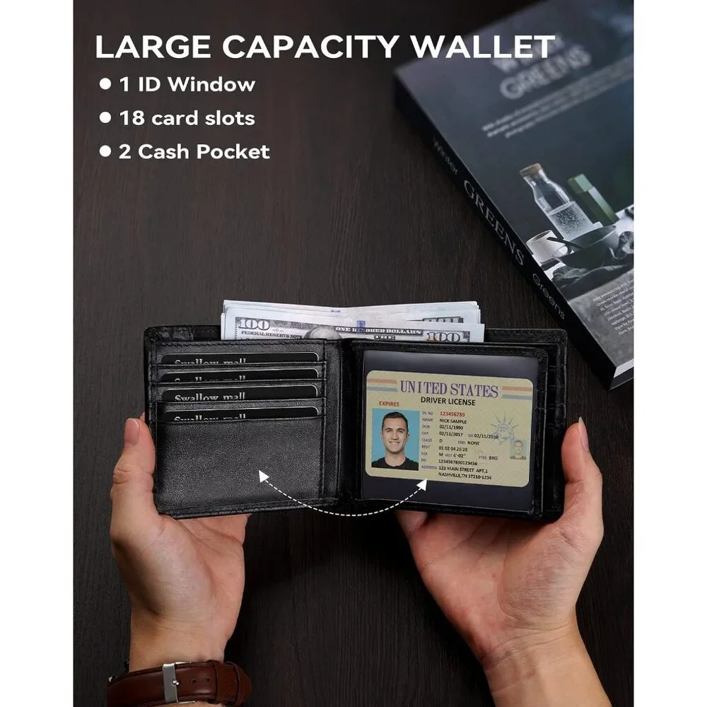 Mens Wallet RFID Blocking Leather Bifold Wallets For Mens, Extra Capacity